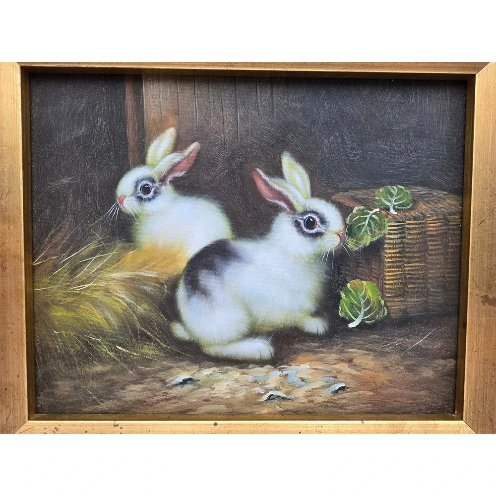 UnSigned Rabbit Oil Painting‎ Art 15x13x1.5 Gold Good Distressed Framed Bunny